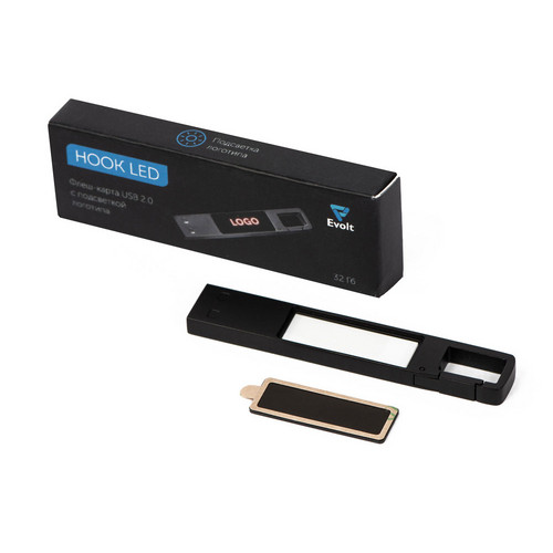 USB 2.0- флешка на 32 Гб c подсветкой логотипа «Hook LED», темно-серый, красная подсветка